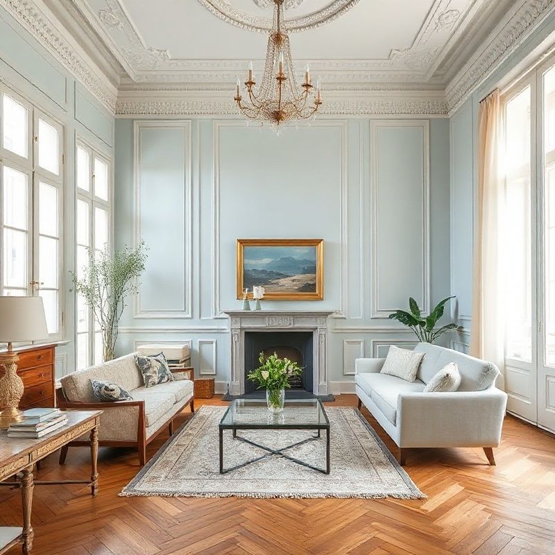 Salon en duplex à Euralille avec moulures restaurées et parquet chêne huilé