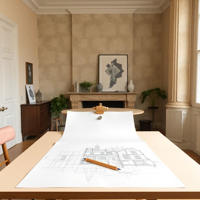 Croquis architectural et plan AutoCAD sur table à dessin