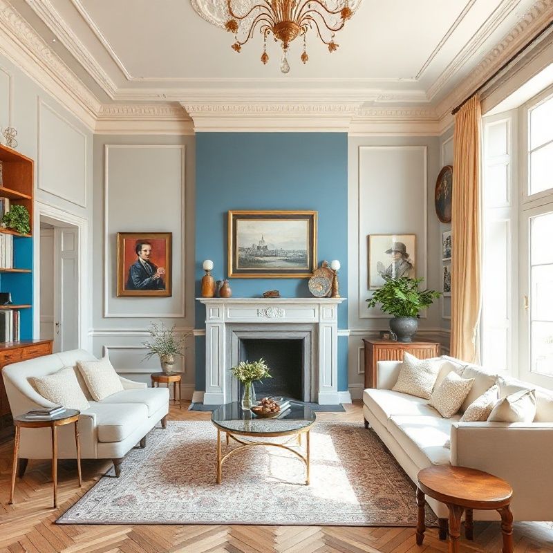 Salon rénové à Lille avec accents azure et moulures haussmanniennes